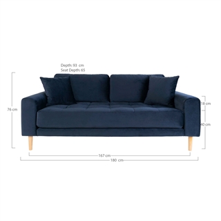Sofaen vist med mål.