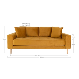 Sofaen vist med mål.
