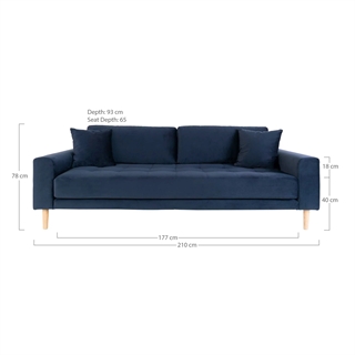 Sofaen vist med mål.