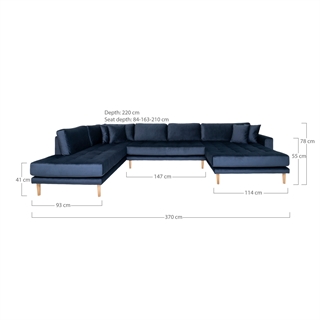 Sofaen vist med mål.
