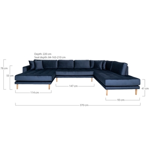 Sofaen vist med mål.