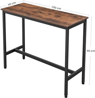 Produktbillede med mål af Vasagle højbord i rustik brun med sort stel.