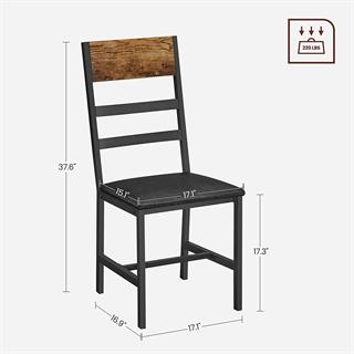 Produktbillede med mål af polstret spisebordsstol i rustik brun med sort stel.