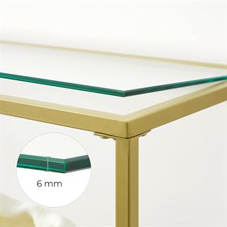 Miljøbillede af glasplade med mål på Vasagle konsolbord med guldfarvet stel.