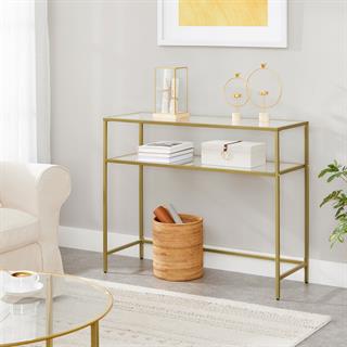 Miljøbillede af Vasagle konsolbord med glasplader og guldfarvet stel.