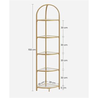 Produktbillede med mål af Vasagle hjørnereol med glasplader og guldfarvet stel.