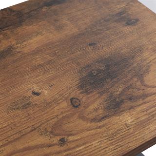 Produktbillede af træoverflade på Vasagle skrivebord med hylder i rustik brun med sort stel.