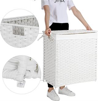 Produktbillede af Vasagle dobbelt vasketøjskurv i hvid.