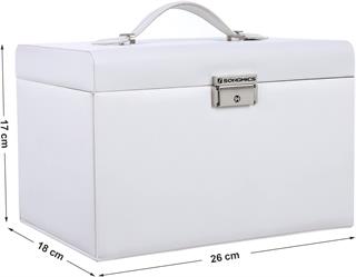 Produktbillede med mål af lukket Vasagle smykkeboks i hvid og lyserød.