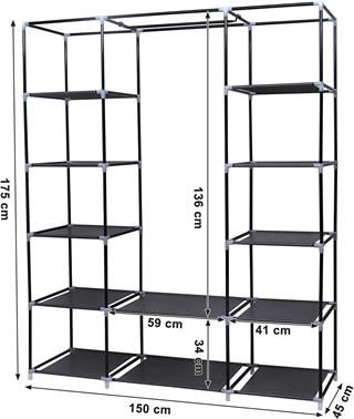 Produktbillede med mål af Songmics garderobeskab i sort.
