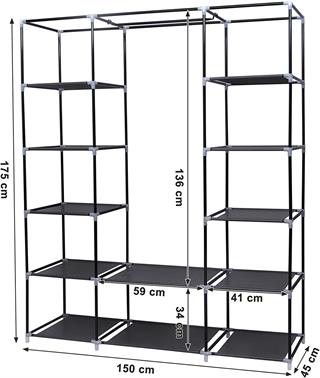 Produktbillede med mål af Vasagle garderobeskab i sort.