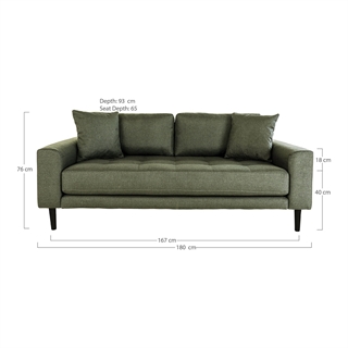 Sofaen vist med mål.