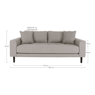 Sofaen vist med mål.