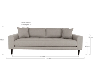 Sofaen vist med mål.