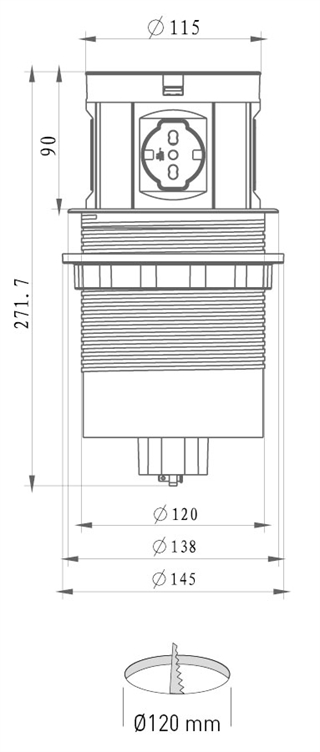 Complement TOWER 120 strømforsyning stregtegning med mål