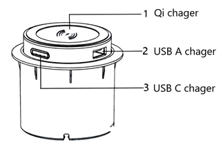 Principskitse af BBY-T9C - USB Stikdåse med QI oplader til indbygning fra Complement.