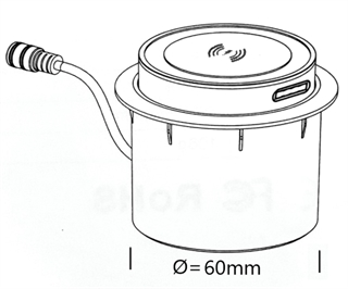 Stregtegning med mål af BBY-T9C - USB Stikdåse med QI oplader til indbygning fra Complement.