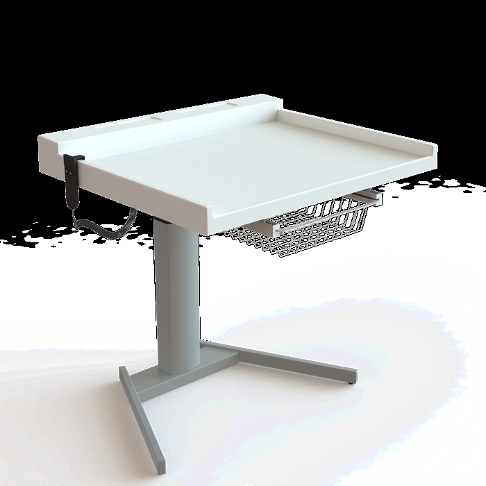 Conset BSR103 1-søjlet hæve/sænke puslebord med hæve/sænkefunktion i hvid/sølvgrå.
