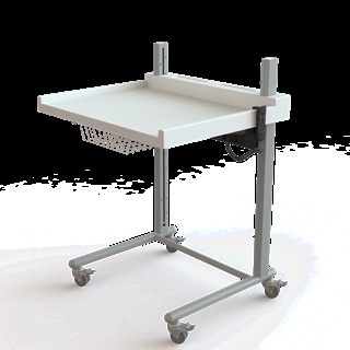 Conset BSR119 2-søjlet hæve/sænke puslebord på hjul med hæve/sænkefunktion i hvid/sølvgrå.