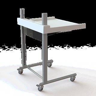 Conset BSR119 2-søjlet hæve/sænke puslebord på hjul med hæve/sænkefunktion i hvid/sølvgrå.