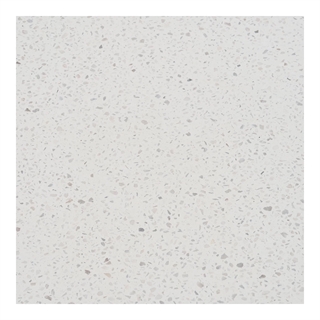 Nærbillede af bordpladen på Terracina spisebord Ø120 i hvid terrazzo og akacie stel fra House Nordic.