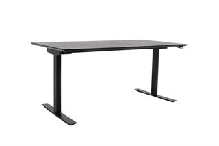 Swedstyle hæve sænkebord i sort linoleum, set forfra i en skrå vinkel.