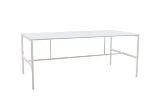 Hvidt bord i glas med hvidt stel set forfra i en skrå vinkel.