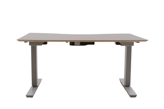 Hæve sænke bord fra Scanoffice i antracitgrå laminat med sølvgråt stel og sølvgrå fødder.