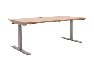 Linak hæve sænke bord i bøge laminat med sølvgråt stel.