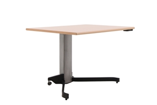 Enkelt søjlet hæve sænkebord 80x100 cm i bøg med sølvgråt/sort stel set forfra i en skrå vinkel.