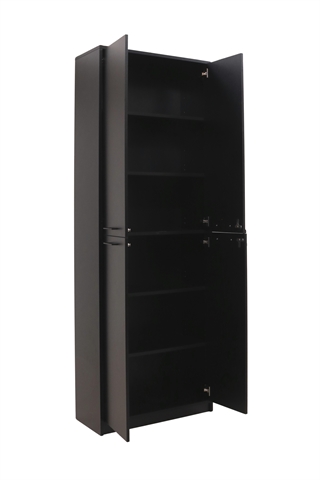 Fumac Jive reol i sort med 6 rum og låger, set forfra i en skrå vinkel.