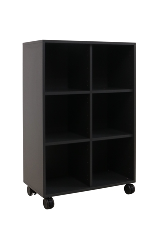 Fumac Jive reol i antracit med 6 rum, set forfra i en skrå vinkel.