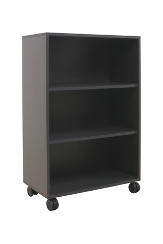 Fumac Jive reol i antracit med 3 rum, set forfra i en skrå vinkel.