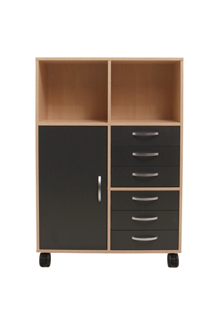 Fumac Jive reol med 6 rum i birk med antracit front set forfra.