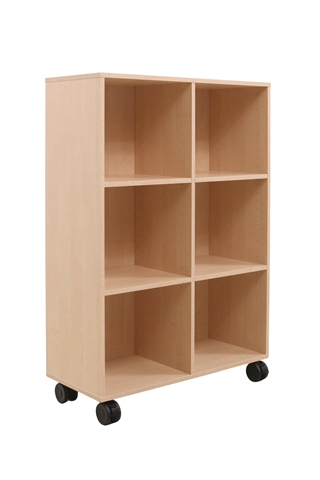 Fumac Jive reol i birk med 6 rum, set forfra i en skrå vinkel.