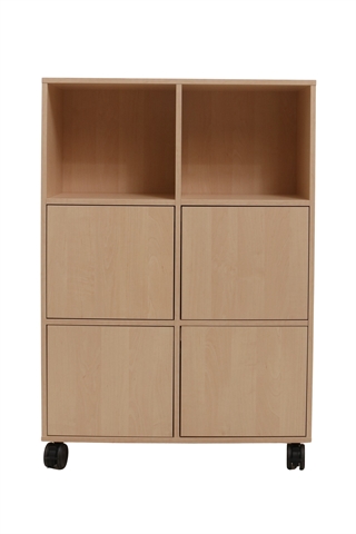 Fumac Jive reol i birk med 6 rum & 4 låger, set forfra.