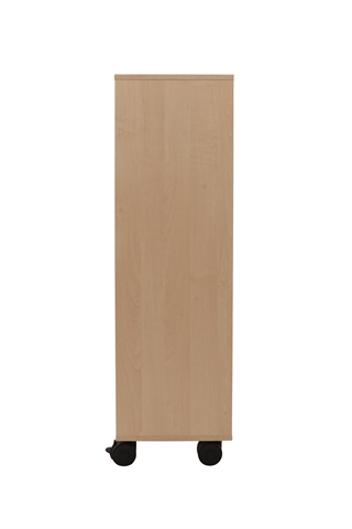 Fumac Jive reol i birk med 6 rum & 4 låger, set fra siden af.