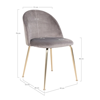Geneve stol i grå velour med messing stel set forfra i en skrå vinkel.