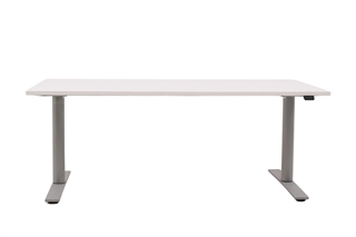 Hæve sænkebord i hvid med sølvgråt stel set forfra.