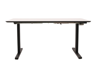 Hæve sænkebord i hvid med sort stel set forfra.