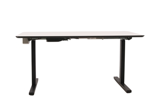 Hæve sænkebord i hvid med sort stel set bagfra.