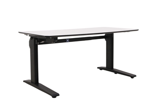 Hæve sænkebord i hvid med sort stel set forfra i en skrå vinkel.