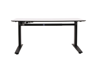 Hæve sænkebord i hvid med sort stel set forfra.