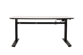 Hæve sænkebord i hvid med sort stel set forfra.