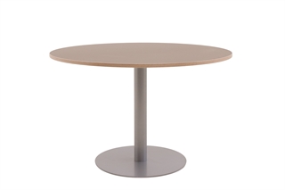 Fumac cafe/mødebord i lysebrun med sølvgrå søjle, set forfra.
