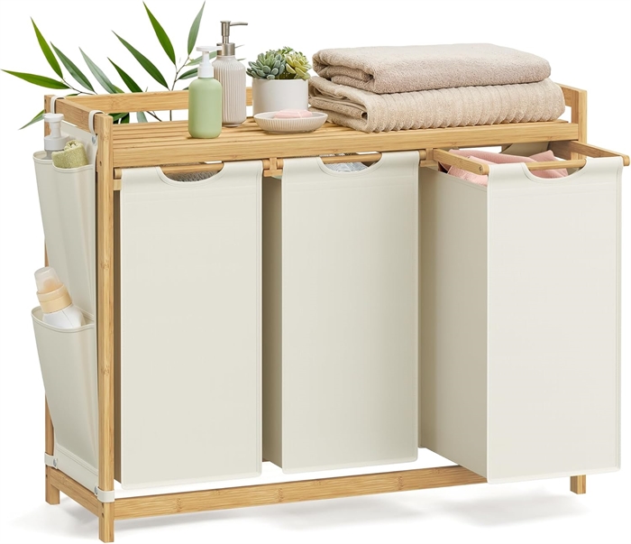 Songmics - Vasketøjskurv med 3 rum 94x33x78 (cremehvid)