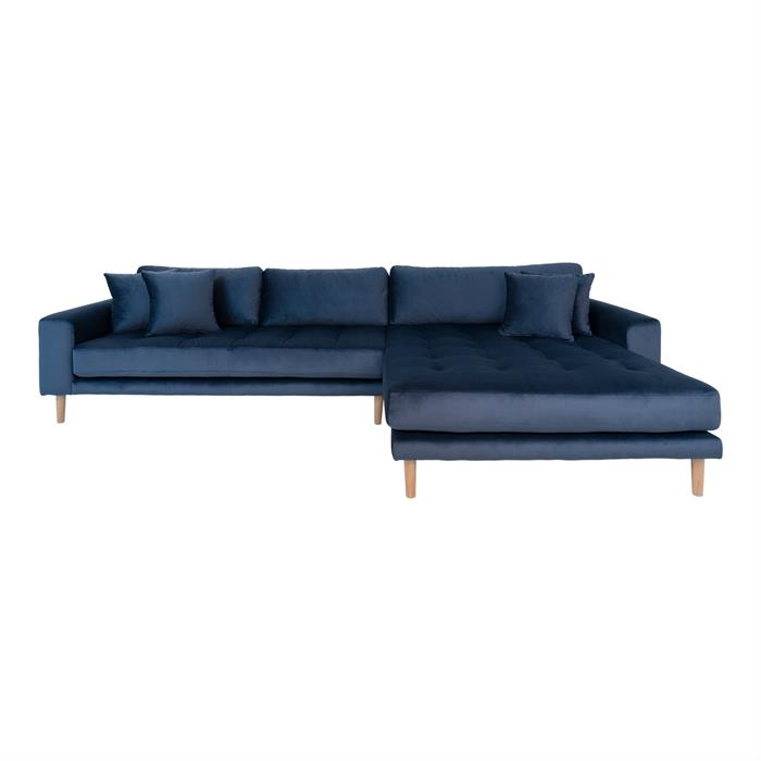 Sofa højrevendt i mørkeblåt velour med fire puder fra Nordic House.