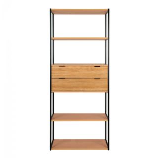 Reol, askefiner, sort metal stel, 2 skuffer 84,5x35x200 cm fra House Nordic
