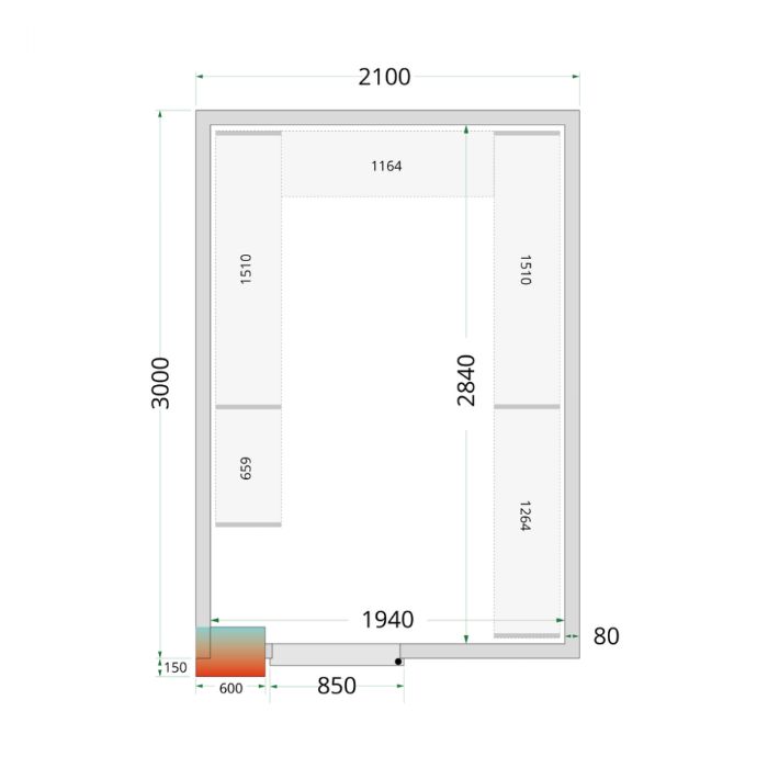 Tefcold - 80 mm kølerumspaneler med 850 mm bred dør CR 210x300x220 WD
