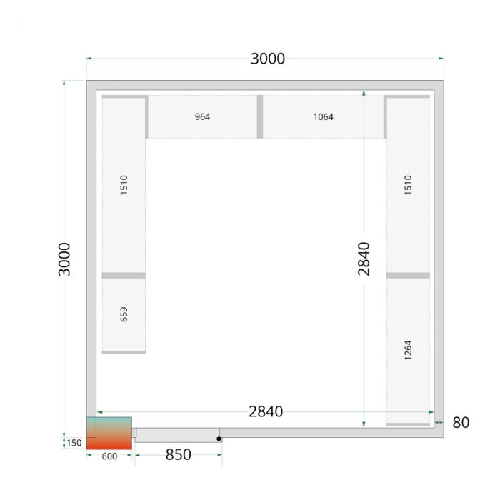 Tefcold - 80 mm kølerumspaneler med 850 mm bred dør CR 300x300x220 WD